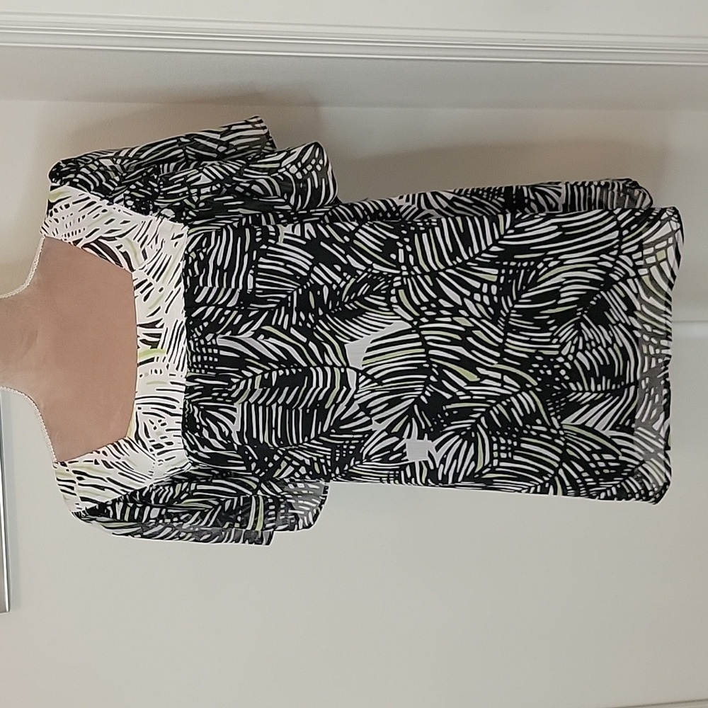 Worthington, Size L, Square Neckline, Black White & Lime Green Blouse, EUC
